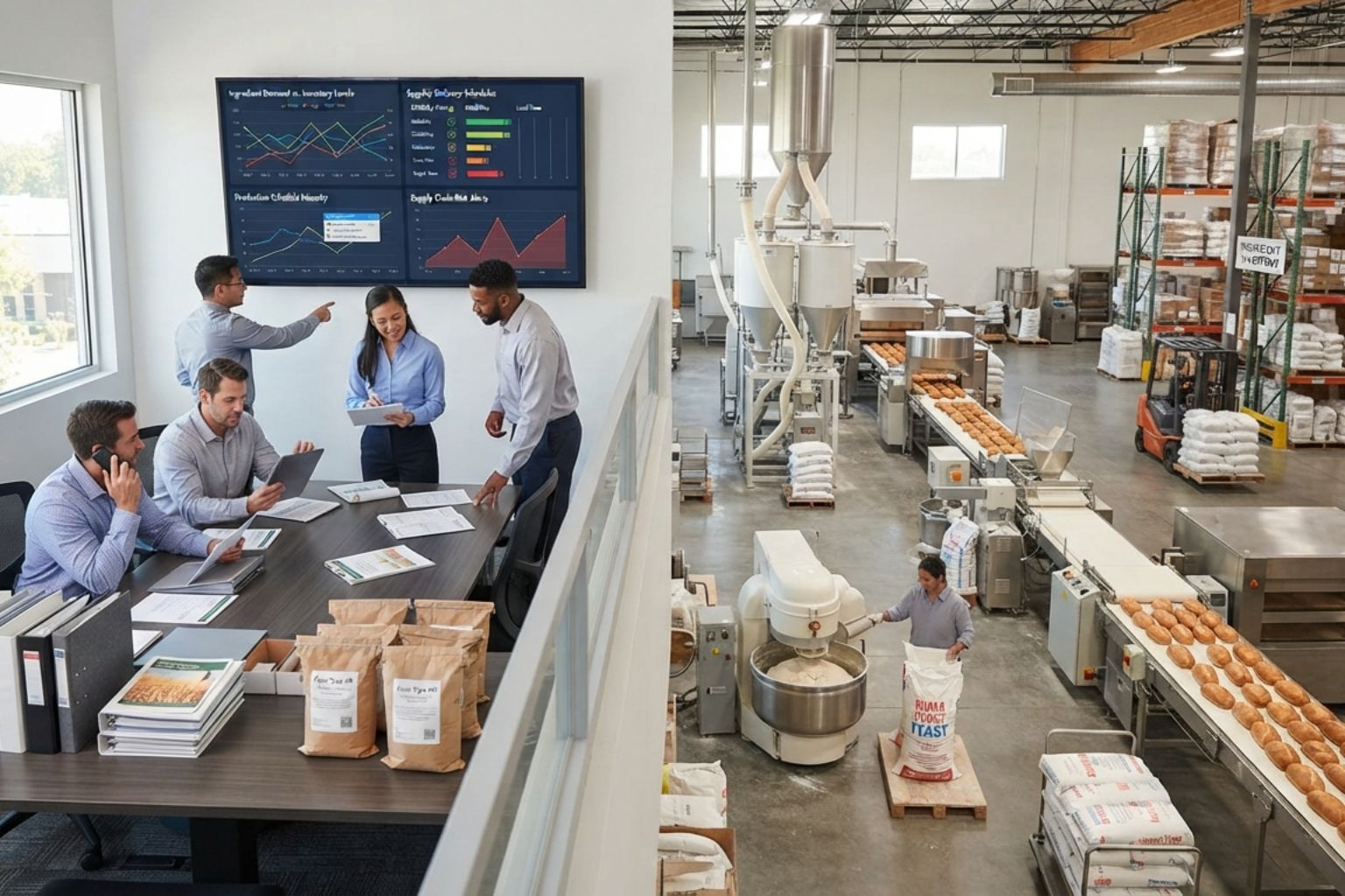 Procurement planning for ingredient availability and production requirements in commercial bakeries
